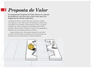 PV
2   Proposta de Valor
    O componente Proposta de Valor descreve o pacote
    de produtos e serviços que criam valor para um
    Segmento de Cliente especíﬁco.
    A Proposta de Valor é o motivo pelo qual os clientes escolhem
    uma empresa ou outra. Ela resolve um problema ou satisfaz uma
    necessidade do consumidor. Cada Proposta de Valor é um pacote
    específico que supre as exigências de um Segmento de Cliente
    específico. Nesse sentido, a Proposta de Valor é uma agregação de
    benefícios que uma empresa oferece aos clientes.
       Algumas Propostas de Valor podem representar uma oferta
    inovadora. Outras podem ser similares a outras já existentes no
    mercado, mas com características e atributos adicionais.
 