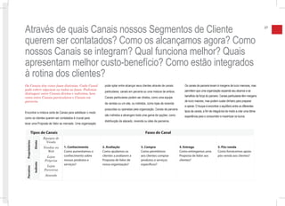 Através de quais Canais nossos Segmentos de Cliente                                                                                                                                              27



querem ser contatados? Como os alcançamos agora? Como
nossos Canais se integram? Qual funciona melhor? Quais
apresentam melhor custo-benefício? Como estão integrados
à rotina dos clientes?
Os Canais têm cinco fases distintas. Cada Canal                pode optar entre alcançar seus clientes através de canais       Os canais de parceria levam à margens de lucro menores, mas
pode cobrir algumas ou todas as fases. Podemos                                                                                 permitem que uma organização expanda seu alcance e se
                                                               particulares, canais em parceria ou uma mistura de ambos.
distinguir entre Canais diretos e indiretos, bem
como entre Canais particulares e Canais em                     Canais particulares podem ser diretos, como uma equipe          beneficie da força do parceiro. Canais particulares têm margens
parceria.                                                                                                                      de lucro maiores, mas podem custar dinheiro para preparar
                                                               de vendas ou um site, ou indiretos, como lojas de revenda
                                                                                                                               e operar. O truque é encontrar o equilíbrio entre os diferentes
                                                               possuídas ou operadas pela organização. Canais de parceria
Encontrar a mistura certa de Canais para satisfazer o modo                                                                     tipos de canais, a fim de integrá-los de modo a criar uma ótima
                                                               são indiretos e abrangem toda uma gama de opções, como          experiência para o consumidor e maximizar os lucros.
como os clientes querem ser contatados é crucial para
                                                               distribuição de atacado, revenda ou sites de parceiros.
levar uma Proposta de Valor ao mercado. Uma organização

            Tipos de Canais                                                                      Fases do Canal
                            Equipes de
                              Venda
 Proprietários

                 Direto




                            Vendas na    1. Conhecimento      2. Avaliação                   3. Compra                      4. Entrega                       5. Pós-venda
                               Web       Como aumentamos o    Como ajudamos os               Como permitimos                Como entregamos uma              Como fornecemos apoio
                              Lojas      conhecimento sobre   clientes a avaliarem a         aos clientes comprar           Proposta de Valor aos            pós-venda aos clientes?
                             Próprias    nossos produtos e    Proposta de Valor de           produtos e serviços            clientes?
                 Indireto




                                         serviços?            nossa organização?             específicos?
                             Lojas
 Parceiros




                            Parceiras
                             Atacado
 