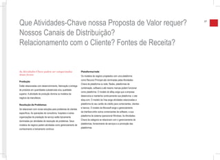 Que Atividades-Chave nossa Proposta de Valor requer?                                                                             37



Nossos Canais de Distribuição?
Relacionamento com o Cliente? Fontes de Receita?


As Atividades-Chave podem ser categorizadas                    Plataforma/rede
dessa forma:
                                                               Os modelos de negócio projetados com uma plataforma
                                                               como Recurso Principal são dominadas pelas Atividades-
Produção
                                                               Chave de plataforma ou rede. Redes, plataformas de
Estão relacionadas com desenvolvimento, fabricação e entrega
                                                               combinação, software e até mesmo marcas podem funcionar
de produtos em quantidades substanciais e/ou qualidade
                                                               como plataforma. O modelo do eBay exige que a empresa
superior. A atividade de produção domina os modelos de
                                                               desenvolva e mantenha continuamente sua plataforma: o site
negócio da manufatura.
                                                               ebay.com. O modelo da Visa exige atividades relacionadas a
Resolução de Problemas                                         plataforma do seu cartão de crédito para comerciantes, clientes
                                                               e bancos. O modelo da Microsoft exige o gerenciamento
Se relacionam com novas soluções para problemas de clientes
                                                               da interface entre outros comerciantes de software, e sua
específicos. As operações de consultoria, hospitais e outras
                                                               plataforma de sistema operacional Windows. As Atividades-
organizações de prestação de serviço estão tipicamente
                                                               Chave da categoria se relacionam com o gerenciamento de
dominadas por atividades de resolução de problemas. Seus
                                                               plataformas, fornecimento de serviços e a promoção das
modelos de negócio pedem atividades como gerenciamento de
                                                               plataformas
conhecimento e treinamento contínuo.
 