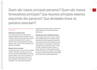 Quem são nossos principais parceiros? Quem são nossos                                                                           39



fornecedores principais? Que recursos principais estamos
adquirindo dos parceiros? Que atividades-chave os
parceiros executam?
Pode ser útil distinguir entre três motivações para             tecnologia Blu-ray ao mercado, ainda que os membros ainda
uma parceria:                                                   estejam competindo entre si para vender seus próprios
                                                                produtos Blu-ray.
Otimização e economia de escala
A forma mais básica de parceria ou relação comprador-           Aquisição de recursos e atividades particulares
fornecedor é designada para otimizar a alocação de recursos     Poucas empresas possuem todos os recursos ou executam
e atividades. É ilógico uma empresa possuir todos os recursos   todas as atividades descritas em seus modelos de negócio.
e executar todas as atividades sozinha. As parcerias de         Elas estendem suas próprias capacidades, dependendo de
otimização e economia de escala geralmente são formadas         outras firmas para produzir recursos particulares ou executar
para reduzir custos e, em geral, envolvem terceirização e uma   certas atividades. Tais parcerias podem ser motivadas pela
infraestrutura compartilhada.                                   necessidade de adquirir conhecimento, licenças, ou acesso
                                                                aos clientes. Uma fabricante de telefones celulares, por
Redução de riscos e incertezas
                                                                exemplo, pode licenciar um sistema operacional para seus
As parcerias podem ajudar a reduzir os riscos em um ambiente
                                                                fones em vez de desenvolver um localmente. Uma seguradora
competitivo, caracterizado por incertezas. Não é incomum
                                                                pode optar por corretores independentes para vender apólices
que concorrentes formem alianças estratégicas em uma área
                                                                em vez de desenvolver sua própria equipe de vendas.
enquanto competem em outra. O Blu-ray, por exemplo, é um
formato de disco óptico desenvolvido em conjunto por um
grupo de fabricantes mundiais de eletrônicos de consumo,
computadores e mídia. O grupo cooperou para trazer a
 