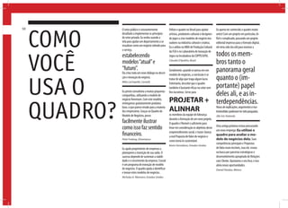 COMO
50             O setor público é constantemente            Utilizo o quadro no Brasil para ajudar       Eu queria ter conhecido o quadro muito
50
               desafiado a implementar os princípios       artistas, produtores culturais e designers   antes! Com um projeto em particular, di-
               do setor privado. Eu venho usando a         de jogos a criar modelos de negócio ino-     fícil e complicado, passando um projeto
               tela para ajudar um departamento a se       vadores na indústria cultural e criativa.    editorial impresso para o formato digital,
               visualizar como um negócio voltado para     Eu o utilizo no MBA de Produção Cultural     ele teria sido tão útil para mostrar a
               o serviço,
                                                                                                 todos os mem-
     VOCÊ
                                                           da FGV e no Laboratório de Inovação de
               estabelecendo                               Jogos na Incubadora da COPPE/UFRJ.
               modelos “atual” e                           Claudio D’Ipolitto, Brasil
                                                                                                 bros tanto o
               “futuro”.                                   Geralmente, quando se pensa em um     panorama geral
               Ela criou toda um novo diálogo na descri-   modelo de negócios, a conclusão é se
                                                                                                 quanto o (im-
     USA O
               ção e inovação do negócio.                  tratar de algo que traga algum lucro.
               Mike Lachapelle, Canadá

                                                           também é bastante eficaz no setor sem portante) papel
                                                           Entretanto, descobri que o quadro

               Eu presto consultoria a muitas pequenas
               companhias, utilizando o modelo de
                                                           fins lucrativos. Serve para
                                                                                                 deles ali, e as in-
                                                           PROJETAR + terdependências.

     QUADRO?
               negócio freemium. Com este modelo,
               entregamos gratuitamente produtos
               base, o que parece errado para a maioria
               dos empresários. Graças ao Quadro do        ALINHAR                               Horas de explicações, argumentos e ma-
                                                                                                 lentendidos poderiam ter sido poupadas.
               Modelo de Negócios, posso                   os membros da equipe de liderança            Jille Sol, Holanda
                                                           durante a formação de um novo projeto.
               facilmente ilustrar                         O quadro é flexível o suficiente para
               como isso faz sentido                       levar em consideração os objetivos desse
                                                                                                        Uma amiga próxima estava procurando
                                                                                                        um novo emprego. Eu utilizei o
               financeiro.                                 empreendimento social, e trazer clareza
                                                           a real Proposta de Valor do negócio e
                                                                                                        quadro para avaliar o mo-
               Peter Froberg, Dinamarca                                                                 delo de negócios dela. Suas
                                                           como torná-lo sustentável.
                                                                                                        competências principais e Propostas
                                                           Kevin Donaldson, Estados Unidos
               Eu ajudo proprietários de empresas a                                                     de Valor eram incríveis, mas ela errava
               planejarem a transição de sua saída. O                                                   na busca por parcerias estratégicas e
               sucesso depende de sustentar a viabili-                                                  desenvolvimento apropriado de Relações
               dade e o crescimento da empresa. Crucial                                                 com Cliente. Ajustamos o seu foco, e isso
               é um programa de inovação de modelo                                                      abriu novas oportunidades.
               de negócios. O quadro ajuda a identificar                                                Daniel Pandza, México
               e inovar estes modelos de negócios.
               Nicholas K. Niemann, Estados Unidos
 