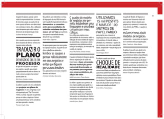 51
Imagine 60 calouros que não sabem
nada de empreendedorismo. Em menos
                                             Nos pediram para redesenhar o serviço
                                             de linguagem de uma ONG internacio-
                                                                                         O quadro do modelo                           UTILIZAMOS                                    O quadro de Modelo de Negócios se
                                                                                                                                                                                    mostrou uma ferramenta muito útil
                                                                                                                                                                                                                               51
de cinco dias, graças ao quadro, eles já     nal. O quadro foi especialmente útil para   de negócios me per-                          15 mil POST-ITS                               para capturar ideias e soluções para
eram capazes de formar uma ideia viável      demonstrar as conexões                      mitiu estabelecer uma                        E MAIS DE 100                                 projetos de e-commerce. A maioria dos
com convicção e clareza. Eles o utilizaram   entre as necessidades do                    linguagem e uma base                                                                       meus clientes são PYMEs, e o quadro os
como ferramenta para cobrir todas as         trabalho cotidiano das pes-                 comum com meus                               METROS DE                                     ajudou a
dimensões da fundamentação inicial.
Guilhem Bertholet, França
                                             soas e um serviço que à primeira
                                             vista parecia especializado demais,
                                                                                         colegas.                                     PAPEL PARDO                                   esclarecer seus atuais
                                                                                         Eu o utilizei para explorar novas            para projetar uma estrutura de
                                             distante de suas prioridades.               oportunidades de crescimento, avaliar a      organização em uma companhia global           modelos de negócio e
Usei o quadro para ensinar empreende-        Paola Valeri, Espanha                       utilização de novos modelos de negócio       de manufatura. A chave de todas as            compreender e se concentrar no impacto
dores iniciantes de diversos setores uma                                                 da concorrência, e comunicar à minha         atividades era, entretanto, o quadro. Ele     do e-commerce em suas organizações.
maneira muito melhor de                      Eu apoio equipes para criar novos produ-    organização como podíamos acelerar           nos convenceu, com toda a sua aplicabi-       Marc Castricum, Países Baixos
                                                                                         inovações tecnológicas, de mercado e de

TRADUZIR O                                   tos e projetar negócios. O quadro faz um
                                             ótimo trabalho me ajudando a
                                                                                         modelo de negócios.
                                                                                                                                      lidade, simplicidade e relações lógicas de
                                                                                                                                      causa e efeito.                               Eu apliquei o quadro para ajudar uma


PLANO
                                                                                         Bruce MacVarish, Estados Unidos
                                     lembrar as equipes a                                                                             Daniel Egger, Brasil                          empresa a alinhar sua equipe-chave
                                                                                                                                                                                    para determinar objetos compartilhados
                                     pensar holisticamente                               O quadro do Modelo de Negócios ajudou
                                                                                                                                      Eu utilizei o quadro para dar um              e prioridades estratégicas, que foram
DE NEGÓCIO DELES EM em seus negócios e                                                   diversas organizações de saúde nos

                                                                                                                                      CHOQUE DE
                                                                                                                                                                                    utilizadas durante o processo de plane-
                                                                                         Países Baixos a fazer a transição
PROCESSO evitar que fiquem                                                               de uma instituição gover-
                                                                                                                                                                                    jamento e a incorporação com o BSC. Ela
                                                                                                                                                                                    também garantiu que as iniciativas esco-
do que eles vão precisar para operar
seu negócio e garantir que estejam   presas nos detalhes.                                namental direcionada ao
                                                                                         orçamento para organiza-
                                                                                                                                      REALIDADE                                     lhidas fossem claramente direcionadas
                                             Isso ajuda a tornar seus novos empreen-                                                  no meu novo Mupps, uma plataforma na          pelas prioridades estratégicas.
apropriadamente focados no cliente, de                                                   ções empreendedoras, de
                                             dimentos um sucesso.                                                                     qual artistas podem fazer seus próprios       Martin Fanghanel, Bolívia
modo a tornar o negócio tão rentável                                                     adição de valor.
                                             Christian Schüller, Alemanha                                                             aplicativos musicais para telefones iPhone
quanto puder ser.                                                                        Hubb Raemakers, Países Baixos                e Android em poucos minutos. Você sabe o
Bob Dunn, Estados Unidos
                                                                                                                                      que aconteceu? O quadro me deixou ainda
                                                                                         Eu utilizei o quadro com a gerência de       mais certo do possível sucesso! Preciso ir,
Eu utilizei o quadro com meu cofundador                                                  uma empresa pública para ajudá-los a         tenho muito trabalho pela frente!
para projetar um plano de                                                                reestruturar sua cadeia de valor, devido     Erwin Blom, Países Baixos
negócios em uma competição nacio-                                                        a mudanças na regulamentação do
nal organizada pelo The Economic                                                         setor. O fator-chave para o sucesso foi
Times, na Índia. O quadro nos permitiu                                                   compreender quais novas Propostas de
                                                                                         Valor podiam ser oferecidas aos clientes e
pensar em todos os aspectos e formar
                                                                                         então traduzi-las em operações internas.
um planejamento que os VCs consideras-
                                                                                         Leandro Jesus, Brasil
sem bem pensado e atraente.
Praveen Singh, Índia
 
