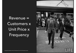 Copyright © Slingshot Venture Development Ltd. 2016 All rights reserved
Revenue =
Customers x
Unit Price x
Frequency
 