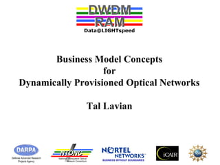 DWDM 
RAM 
Data@LIGHTspeed 
Business Model Concepts 
for 
Dynamically Provisioned Optical Networks 
Tal Lavian 
NNTTOONNCC 
National Transparent Optical 
Network Consortium 
Defense Advanced Research 
Projects Agency BUSINESS WITHOUT BOUNDARIES 
 