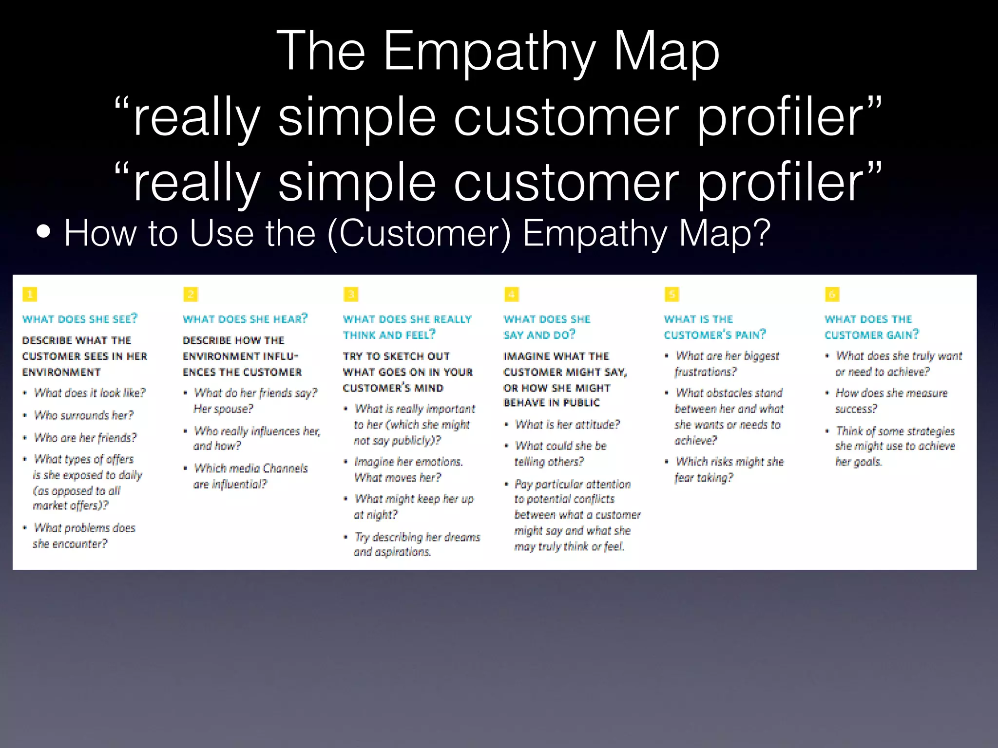 The Empathy Map
    “really simple customer profiler”
    “really simple customer profiler”
• How to Use the (Customer) Empathy Map?
 
