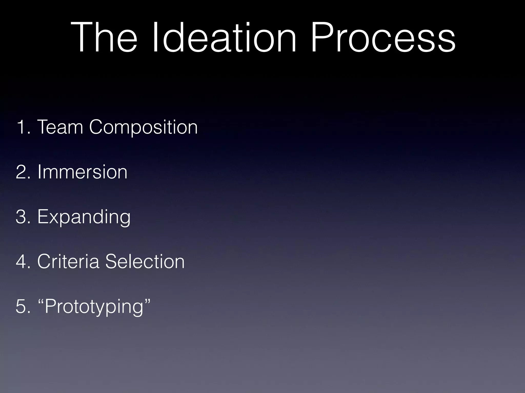 The Ideation Process

1. Team Composition

2. Immersion

3. Expanding

4. Criteria Selection

5. “Prototyping”
 