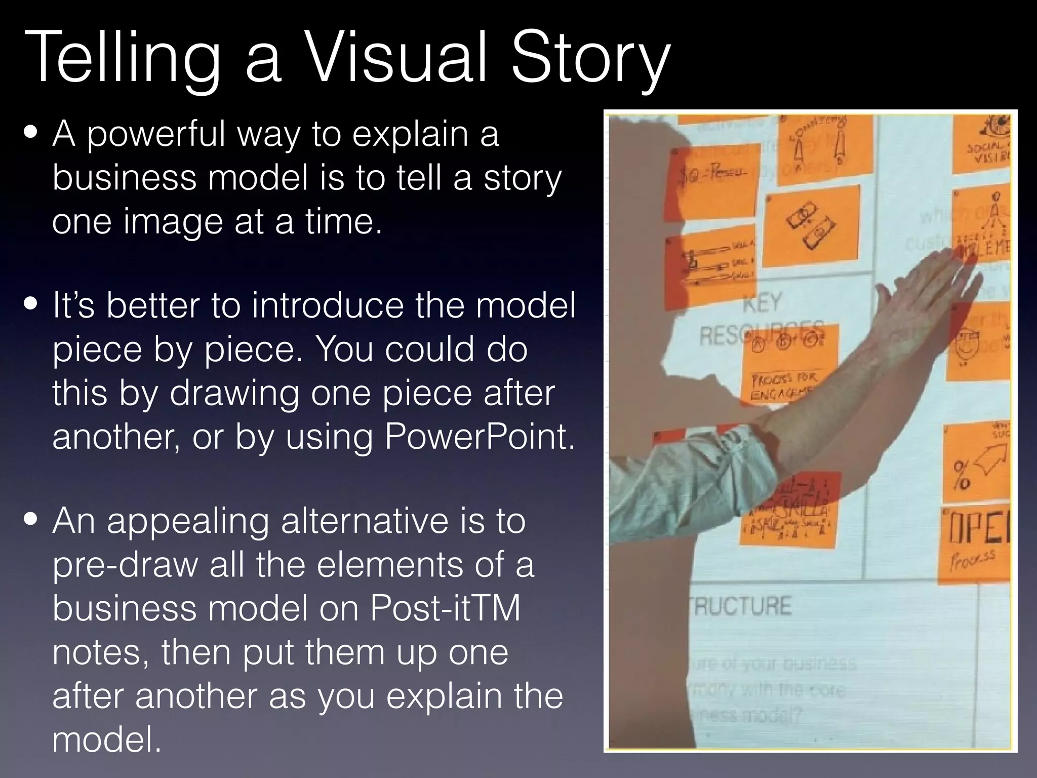 Telling a Visual Story
• A powerful way to explain a
  business model is to tell a story
  one image at a time.

• It’s better to introduce the model
  piece by piece. You could do
  this by drawing one piece after
  another, or by using PowerPoint.

• An appealing alternative is to
  pre-draw all the elements of a
  business model on Post-itTM
  notes, then put them up one
  after another as you explain the
  model.
 