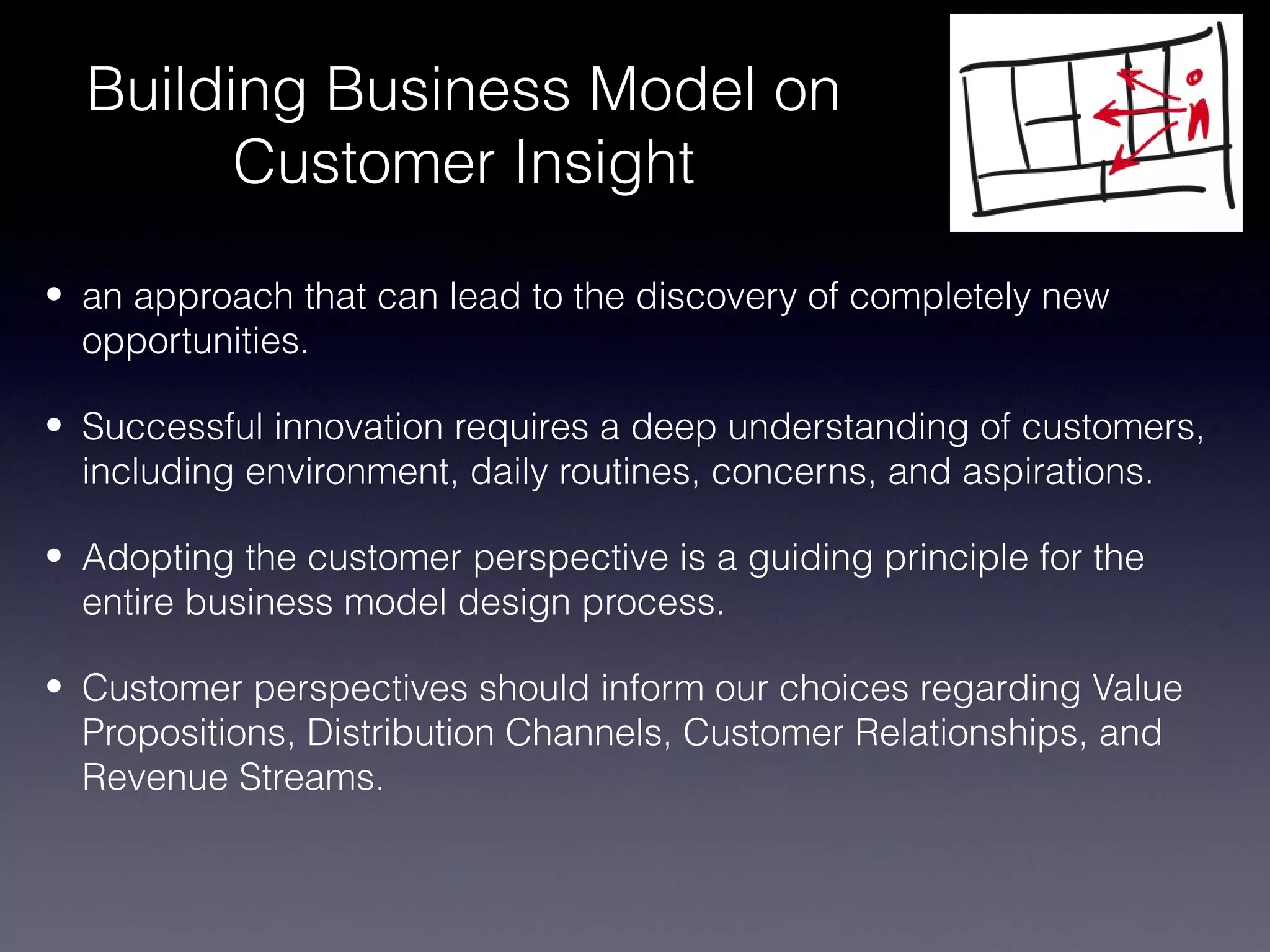 Building Business Model on
        Customer Insight

• an approach that can lead to the discovery of completely new
  opportunities.

• Successful innovation requires a deep understanding of customers,
  including environment, daily routines, concerns, and aspirations.

• Adopting the customer perspective is a guiding principle for the
  entire business model design process.

• Customer perspectives should inform our choices regarding Value
  Propositions, Distribution Channels, Customer Relationships, and
  Revenue Streams.
 