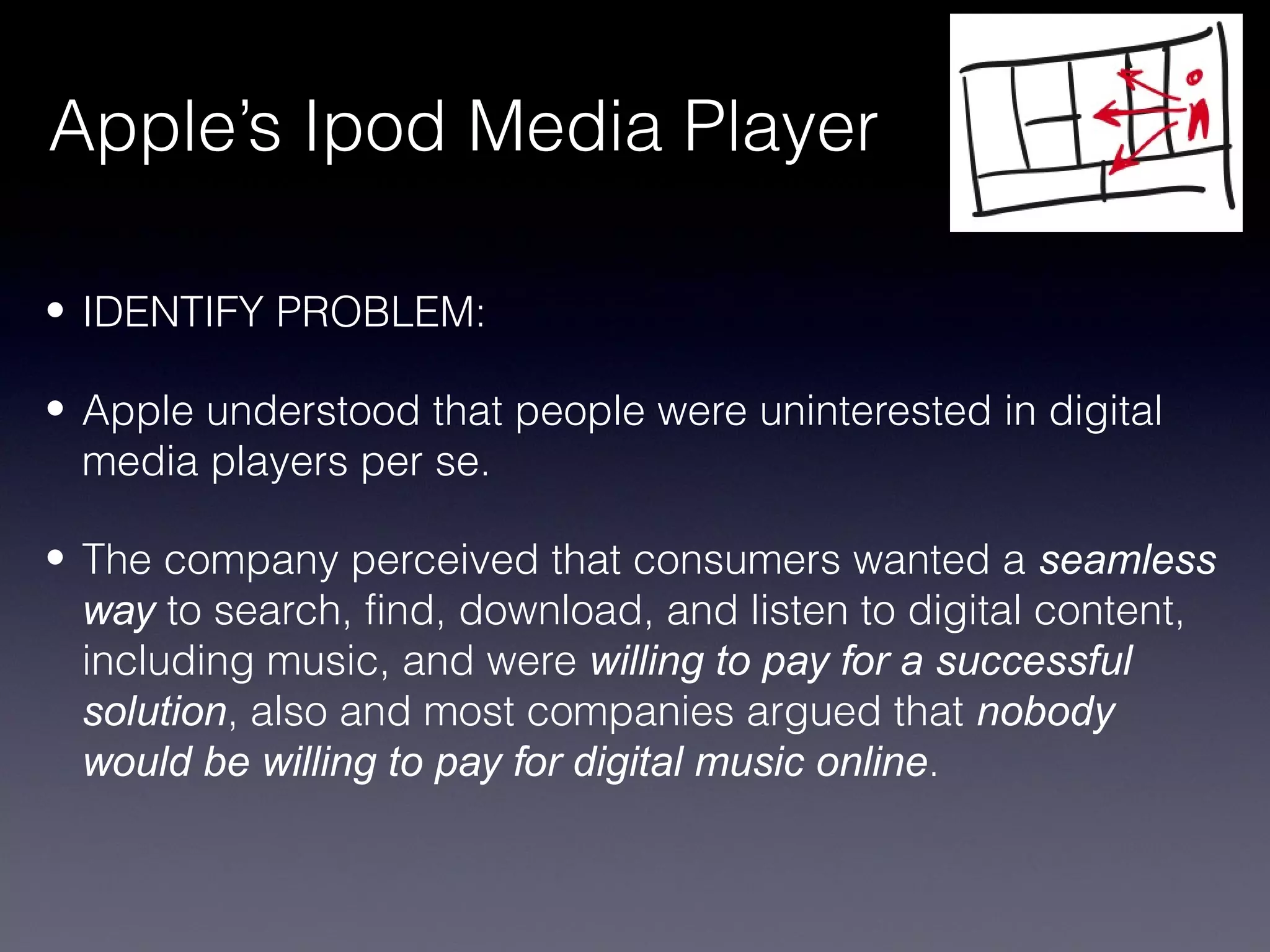 Apple’s Ipod Media Player

• IDENTIFY PROBLEM:

• Apple understood that people were uninterested in digital
  media players per se.

• The company perceived that consumers wanted a seamless
  way to search, find, download, and listen to digital content,
  including music, and were willing to pay for a successful
  solution, also and most companies argued that nobody
  would be willing to pay for digital music online.
 