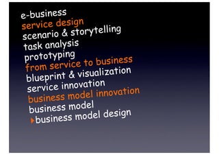 e -business
serv  ice design
s cenario & s torytelling
 t ask analysis
 p rototyping
        service to   business
 from
     ueprint & v isualization
  bl
  service  innovation
         ess model   innovation
   busin
   busin ess model
      usiness mo   del design
   ‣b
 