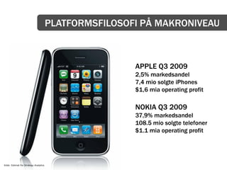PLATFORMSFILOSOFI PÅ MAKRONIVEAU



                                                        APPLE Q3 2009
                                                        2,5% markedsandel
                                                        7,4 mio solgte iPhones
                                                        $1,6 mia operating profit

                                                        NOKIA Q3 2009
                                                        37,9% markedsandel
                                                        108.5 mio solgte telefoner
                                                        $1.1 mia operating profit




Kilde: Estimat fra Strategy Analytics
 