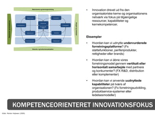 Makrotrends og teknologiudvikling
                                                                                                                                                             •   Innovation drevet ud fra den
                                                                                                                                                                 organisatoriske kerne og organisationens
                                                          Nøgleprocesser                              Kunderelation                                              netværk via fokus på tilgængelige
                                                                                                                                                                 ressourcer, kapabiliteter og
        Ressourcer og kompetencer




                                                                                                                                       Brugere og markeder
                                                                                  Kerneprodukt

                                     Netværkspartnere                                                                   Kundesegment                             kernekompetencer.
                                                                                  Komplementær-
                                                                                     ydelser




                                                          Nøgleressourcer                                 Kanaldesign



                                                                                                                                                             Eksempler
                                                        Omkostningsstruktur                           Betalingsmodel

                                                                                                                                                             •   Hvordan kan vi udnytte undervurderede
                                                                                                                                                                 forretningsplatforme? (Fx
                                                                      Branche- og konkurrencesituation
                                                                                                                                                                 støttefunktioner, periferiprodukter,
                                                                                                                                                                 rettigheder eller brands)

                                                                                                                                                             •   Hvordan kan vi åbne vores
                                                                                                                                                                 forretningsmodel gennem vertikalt eller
                                                                                                                                                                 horisontalt samarbejde med partnere
                                                                                                                                                                 og konkurrenter? (FX R&D, distribution
                                                                                                                                                                 eller komplementer)

                                                                                                                                                             •   Hvordan kan vi anvende uudnyttede
                                                                                                                                                                 kapabiliteter på tværs af
                                                                                                                                                                 organisationen? (Fx forretningsudvikling,
                                                                                                                                                                 produktservice-systemer eller
                                                                                                                                                                 ledelsesmodeller)


                                    KOMPETENCEORIENTERET INNOVATIONSFOKUS
Kilde: Morten Hejlesen (2009)
 