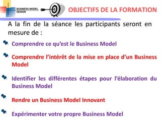 OBJECTIFS DE LA FORMATION
A la fin de la séance les participants seront en
mesure de :
Comprendre ce qu’est le Business Model
Comprendre l’intérêt de la mise en place d’un Business
Model
Identifier les différentes étapes pour l’élaboration du
Business Model
Rendre un Business Model Innovant
Expérimenter votre propre Business Model
 