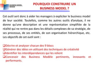 POURQUOI CONSTRUIRE UN
BUSINESS MODEL ?
Cet outil sert donc à aider les managers à expliciter le business model
de leur société. Toutefois, comme les autres outils d’analyse, il ne
donne qu’une description et une représentation simplifiée de la
réalité qui ne rentre pas dans les détails complexes de sa stratégie, de
ses processus, de ses entités, de son organisation hiérarchique, etc.
Les objectifs de cet outil sont :
Décrire et analyser chacun des 9 blocs
Générer des idées en utilisant des techniques de créativité
Identifier les interdépendances qui les relient
Concevoir des Business Modèle pertinents, innovants et
performants.
 
