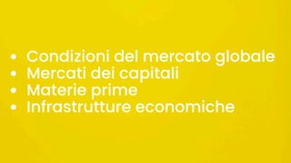 • Condizioni del mercato globale
• Mercati dei capitali
• Materie prime
• Infrastrutture economiche
 