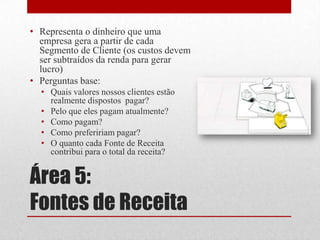 • Representa o dinheiro que uma
  empresa gera a partir de cada
  Segmento de Cliente (os custos devem
  ser subtraídos da renda para gerar
  lucro)
• Perguntas base:
  • Quais valores nossos clientes estão
    realmente dispostos pagar?
  • Pelo que eles pagam atualmente?
  • Como pagam?
  • Como prefeririam pagar?
  • O quanto cada Fonte de Receita
    contribui para o total da receita?


Área 5:
Fontes de Receita
 