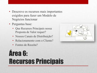 • Descreve os recursos mais importantes
  exigidos para fazer um Modelo de
  Negócios funcionar
• Perguntas base:
  • Que Recursos Principais nossa
    Proposta de Valor requer?
  • Nossos Canais de Distribuição?
  • Relacionamento com o Cliente?
  • Fontes de Receita?


Área 6:
Recursos Principais
 