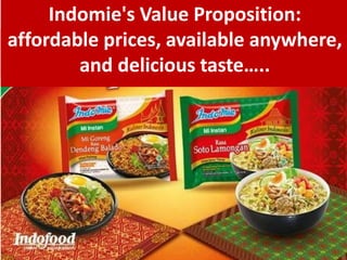 Indomie's Value Proposition:
affordable prices, available anywhere,
and delicious taste…..
 