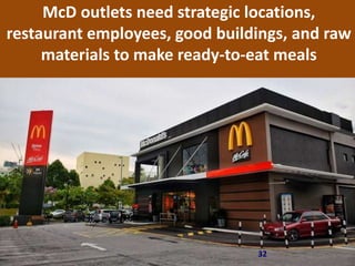 32
McD outlets need strategic locations,
restaurant employees, good buildings, and raw
materials to make ready-to-eat meals
 