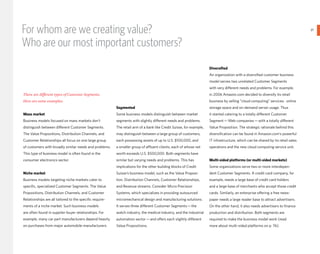 For whom are we creating value?                                                                                                                                                    21
                                                                                                                                                                                        }
Who are our most important customers?
                                                                                                                      Diversified
                                                                                                                      An organization with a diversified customer business
                                                                                                                      model serves two unrelated Customer Segments
                                                                                                                      with very diΩerent needs and problems. For example,
There are diΩerent types of Customer Segments.                                                                        in 2006 Amazon.com decided to diversify its retail
Here are some examples:                                                                                               business by selling “cloud computing” services: online
                                                          Segmented                                                   storage space and on-demand server usage. Thus
Mass market                                               Some business models distinguish between market             it started catering to a totally diΩerent Customer
Business models focused on mass markets don’t             segments with slightly diΩerent needs and problems.         Segment — Web companies — with a totally diΩerent
distinguish between diΩerent Customer Segments.           The retail arm of a bank like Credit Suisse, for example,   Value Proposition. The strategic rationale behind this
The Value Propositions, Distribution Channels, and        may distinguish between a large group of customers,         diversification can be found in Amazon.com’s powerful
Customer Relationships all focus on one large group       each possessing assets of up to U.S. $100,000, and          IT infrastructure, which can be shared by its retail sales
of customers with broadly similar needs and problems.     a smaller group of aΩluent clients, each of whose net       operations and the new cloud computing service unit.
This type of business model is often found in the         worth exceeds U.S. $500,000. Both segments have
consumer electronics sector.                              similar but varying needs and problems. This has            Multi-sided platforms (or multi-sided markets)
                                                          implications for the other building blocks of Credit        Some organizations serve two or more interdepen-
Niche market                                              Suisse’s business model, such as the Value Proposi-         dent Customer Segments. A credit card company, for
Business models targeting niche markets cater to          tion, Distribution Channels, Customer Relationships,        example, needs a large base of credit card holders
specific, specialized Customer Segments. The Value        and Revenue streams. Consider Micro Precision               and a large base of merchants who accept those credit
Propositions, Distribution Channels, and Customer         Systems, which specializes in providing outsourced          cards. Similarly, an enterprise oΩering a free news-
Relationships are all tailored to the specific require-   micromechanical design and manufacturing solutions.         paper needs a large reader base to attract advertisers.
ments of a niche market. Such business models             It serves three diΩerent Customer Segments — the            On the other hand, it also needs advertisers to finance
are often found in supplier-buyer relationships. For      watch industry, the medical industry, and the industrial    production and distribution. Both segments are
example, many car part manufacturers depend heavily       automation sector — and oΩers each slightly diΩerent        required to make the business model work (read
on purchases from major automobile manufacturers.         Value Propositions.                                         more about multi-sided platforms on p. 76).
 