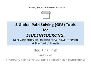 3	Global	Pain	Solving	(GPS)	Tools	
for	
STUDENTSOURCING:	
Mini-Case	Study	on	“Hacking	for	X	(H4X)”	Program	
at	Stanford	University	
Rod	King,	PhD	
Author	of	
“Business	Model	Canvas:	A	Good	Tool	with	Bad	InstrucIons?”	
“Faster,	Be+er,	and	Leaner	Solu3ons”	
 