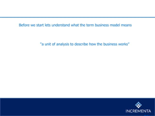 Before we start lets understand what the term business model means
“a unit of analysis to describe how the business works”
 