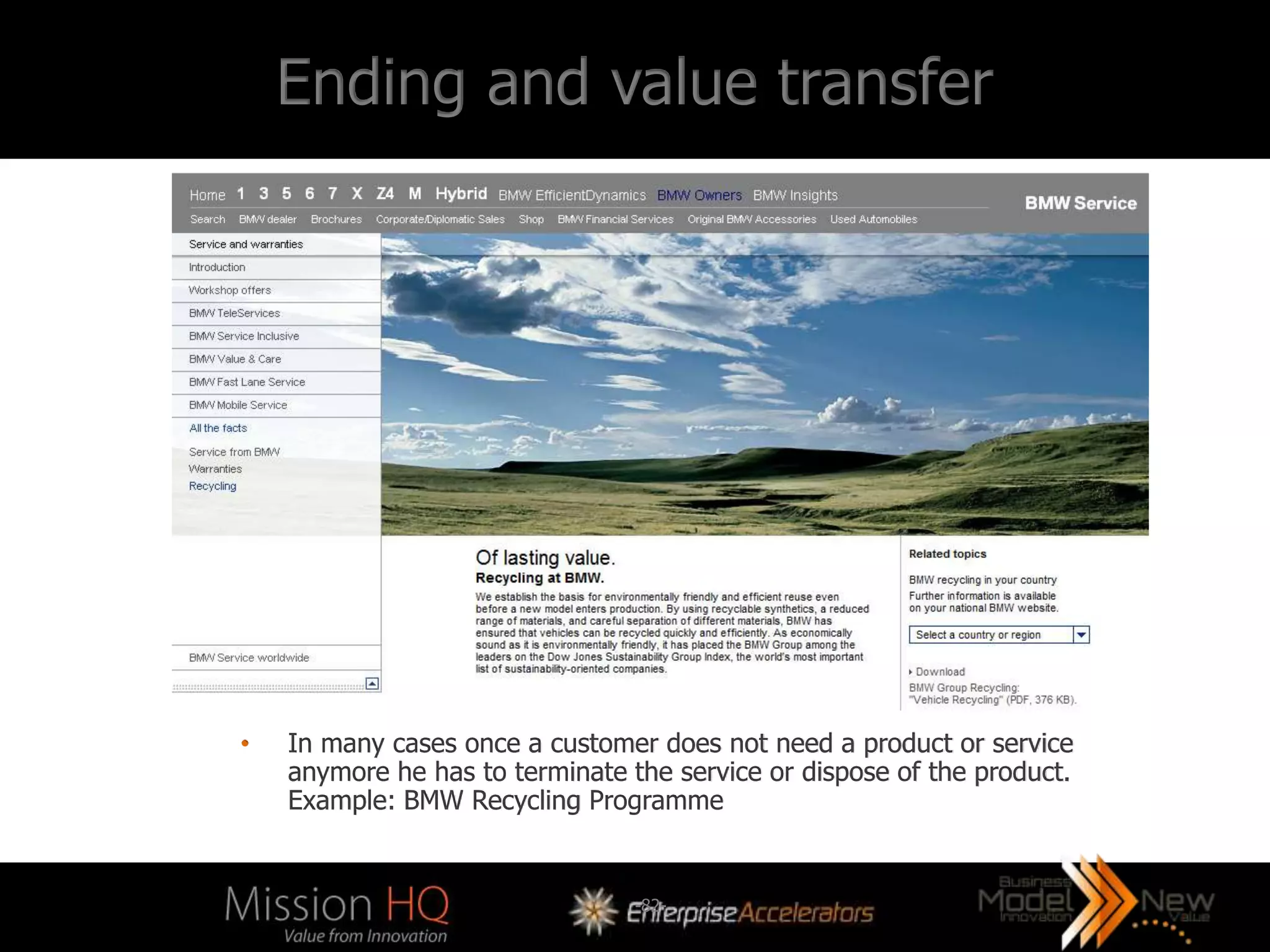 Ending and value transfer




•   In many cases once a customer does not need a product or service
    anymore he has to terminate the service or dispose of the product.
    Example: BMW Recycling Programme


                                 -82-
 