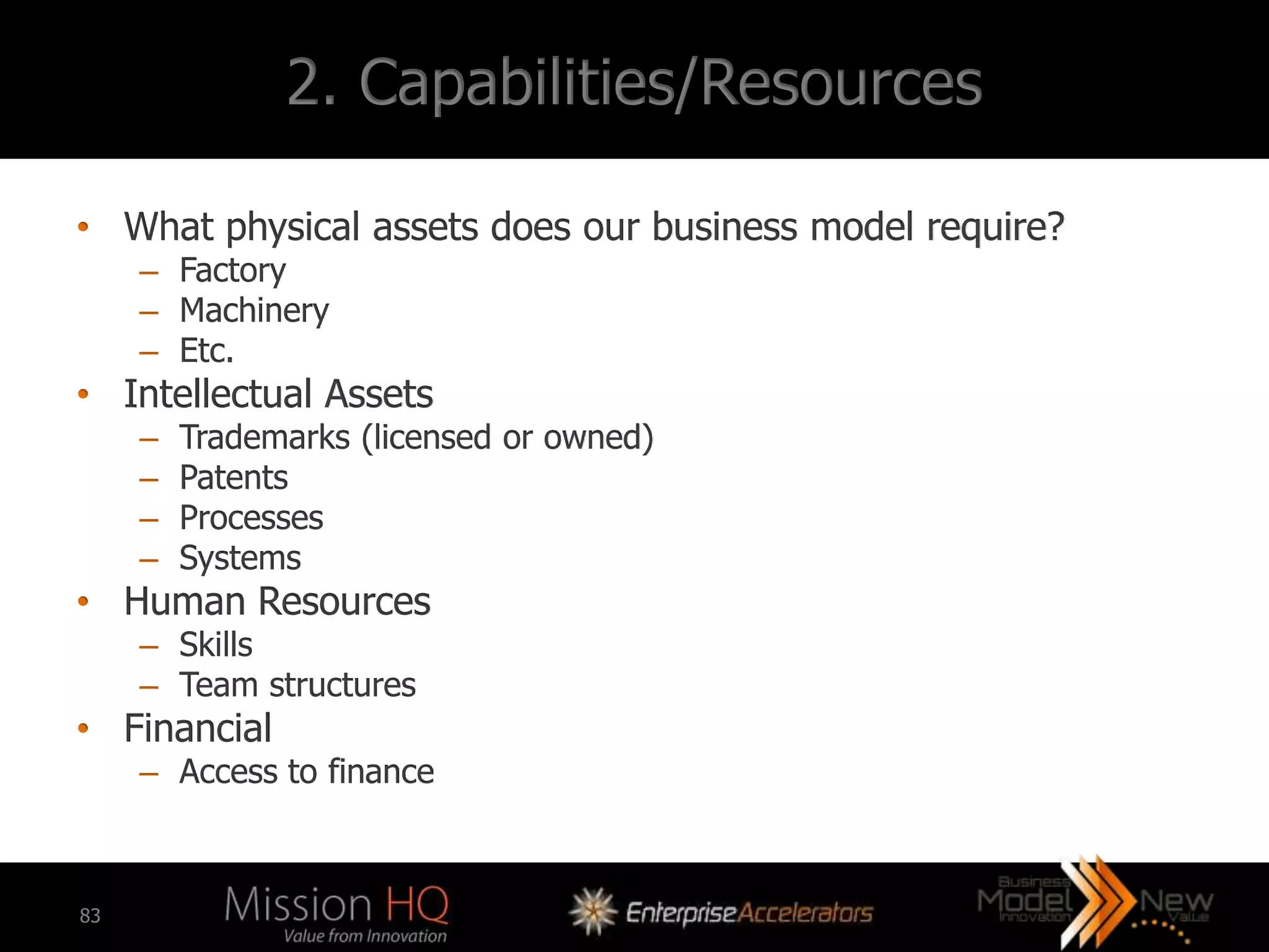 2. Capabilities/Resources

• What physical assets does our business model require?
     – Factory
     – Machinery
     – Etc.
• Intellectual Assets
     –   Trademarks (licensed or owned)
     –   Patents
     –   Processes
     –   Systems
• Human Resources
     – Skills
     – Team structures
• Financial
     – Access to finance



83
 