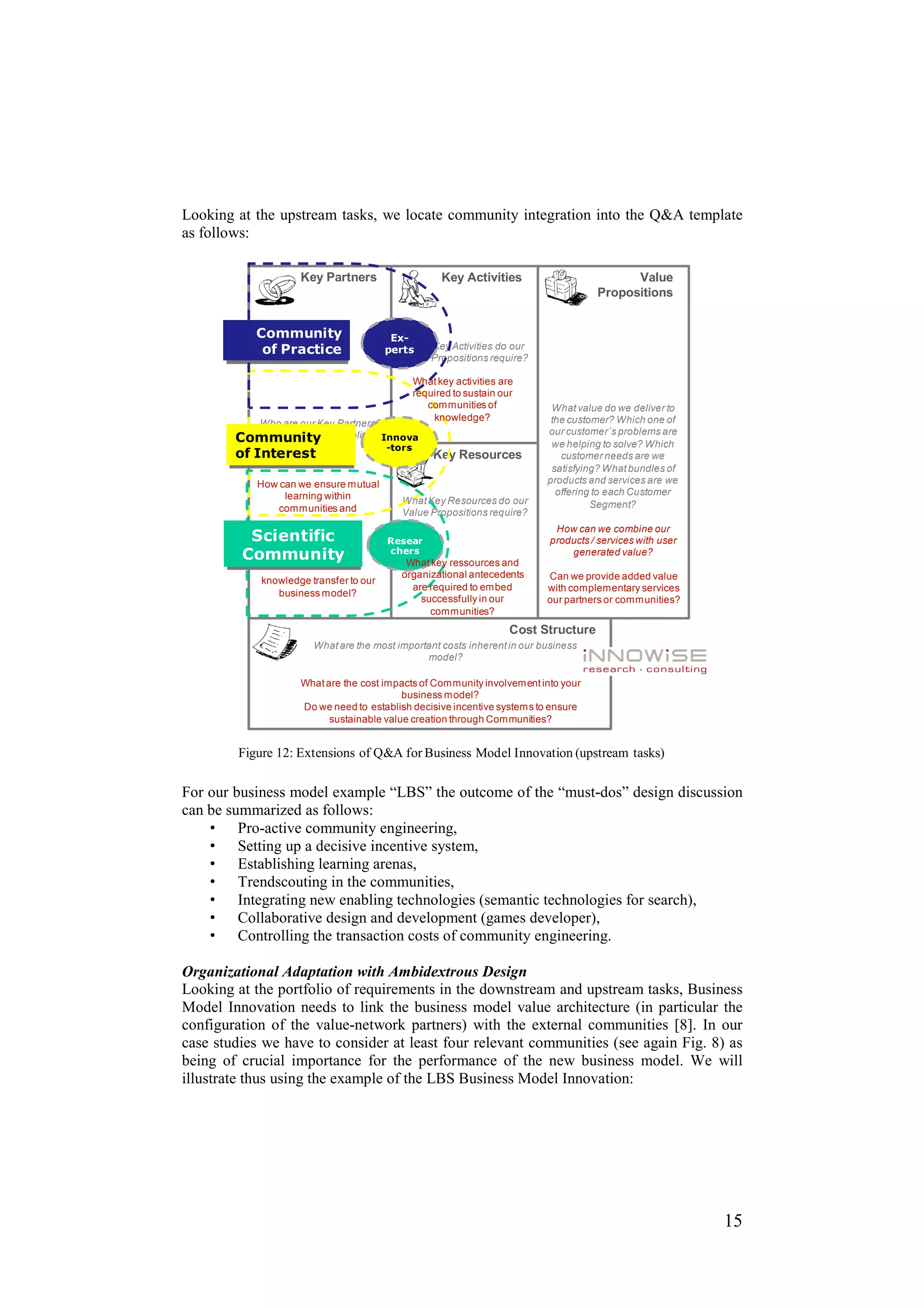 Looking at the upstream tasks, we locate community integration into the Q&A template
as follows:

                    Key Partners                      Key Activities                         Value
                                                                                       Propositions


           Community                     Ex-
            of Practice                     What Key Activities do our
                                        perts
                                           Value Propositions require?

                                                What key activities are
                                                required to sustain our
                                                   communities of            What value do we deliver to
                                                    knowledge?               the customer? Which one of
          Who are our Key Partners?
                                                                            our customer´s problems are
        Community suppliers?Innova
          Who are our key
                                                                             we helping to solve? Which
                                        -tors
        of Interest                                 Key Resources              customer needs are we
                                                                             satisfying? What bundles of
           How can we ensure mutual                                         products and services are we
                learning within                                               offering to each Customer
                                           What Key Resources do our                  Segment?
               communities and             Value Propositions require?
                                                                             How can we combine our
          Scientific                    Resear                              products / services with user
                                        chers
         Community                          What key ressources and
                                                                                generated value?

                                           organizational antecedents       Can we provide added value
            knowledge transfer to our
                                             are required to embed          with complementary services
               business model?
                                               successfully in our          our partners or communities?
                                                 communities?
                                                                      Cost Structure
                       What are the most important costs inherent in our business
                                               model?

                    What are the cost impacts of Community involvement into your
                                          business model?
                    Do we need to establish decisive incentive systems to ensure
                          sustainable value creation through Communities?


        Figure 12: Extensions of Q&A for Business Model Innovation (upstream tasks)

For our business model example “LBS” the outcome of the “must-dos” design discussion
can be summarized as follows:
    • Pro-active community engineering,
    • Setting up a decisive incentive system,
    • Establishing learning arenas,
    • Trendscouting in the communities,
    • Integrating new enabling technologies (semantic technologies for search),
    • Collaborative design and development (games developer),
    • Controlling the transaction costs of community engineering.

Organizational Adaptation with Ambidextrous Design
Looking at the portfolio of requirements in the downstream and upstream tasks, Business
Model Innovation needs to link the business model value architecture (in particular the
configuration of the value-network partners) with the external communities [8]. In our
case studies we have to consider at least four relevant communities (see again Fig. 8) as
being of crucial importance for the performance of the new business model. We will
illustrate thus using the example of the LBS Business Model Innovation:




                                                                                                            15
 
