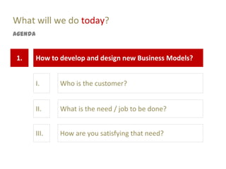 What will we do today?
Agenda


1.       How to develop and design new Business Models?


         I.     Who is the customer?


         II.    What is the need / job to be done?


         III.   How are you satisfying that need?
 