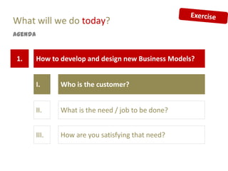 What will we do today?
Agenda


1.       How to develop and design new Business Models?


         I.     Who is the customer?


         II.    What is the need / job to be done?


         III.   How are you satisfying that need?
 