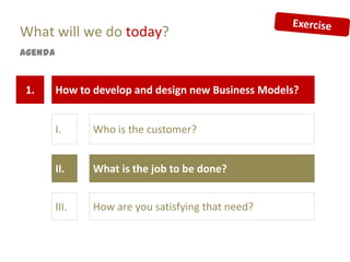 What will we do today?
Agenda


1.       How to develop and design new Business Models?


         I.     Who is the customer?


         II.    What is the job to be done?


         III.   How are you satisfying that need?
 