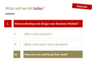 What will we do today?
Agenda


1.       How to develop and design new Business Models?


         I.     Who is the customer?


         II.    What is the need / job to be done?


         III.   How are you satisfying that need?
 