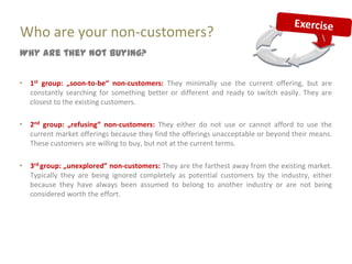 Who are your non-customers?
Why are they not buying?


“   1st group: „soon-to-be“ non-customers: They minimally use the current offering, but are
    constantly searching for something better or different and ready to switch easily. They are
    closest to the existing customers.

“   2nd group: „refusing“ non-customers: They either do not use or cannot afford to use the
    current market offerings because they find the offerings unacceptable or beyond their means.
    These customers are willing to buy, but not at the current terms.

“   3rd group: „unexplored” non-customers: They are the farthest away from the existing market.
    Typically they are being ignored completely as potential customers by the industry, either
    because they have always been assumed to belong to another industry or are not being
    considered worth the effort.
 