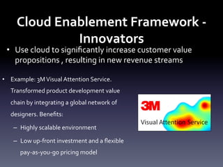Cloud	
  Enablement	
  Framework	
  -­‐	
  
Innovators	
  

•  Use	
  cloud	
  to	
  signiﬁcantly	
  increase	
  customer	
  value	
  
propositions	
  ,	
  resulting	
  in	
  new	
  revenue	
  streams	
  	
  
•  Example:	
  3M	
  Visual	
  Attention	
  Service.	
  	
  
Transformed	
  product	
  development	
  value	
  
chain	
  by	
  integrating	
  a	
  global	
  network	
  of	
  
designers.	
  Beneﬁts:	
  
–  Highly	
  scalable	
  environment	
  
–  Low	
  up-­‐front	
  investment	
  and	
  a	
  ﬂexible	
  
pay-­‐as-­‐you-­‐go	
  pricing	
  model	
  

 