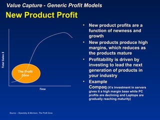 Value Capture - Generic Profit Models
                New Product Profit
                                                                   •   New product profits are a
                                                                       function of newness and
                                                                       growth
                                                                   •   New products produce high
                                                                       margins, which reduces as
                                                                       the products mature
Total Sales $




                                                                   •   Profitability is driven by
                                                                       investing to lead the next
                          The Profit                                   generation of products in
                            Zone                                       your industry
                                                                   •   Example
                                                 Time
                                                                       Compaq (it’s investment in servers
                                                                       gives it a high margin base while PC
                                                                       profits are declining and Laptops are
                                                                       gradually reaching maturity)



                 Source :- Slywotzky & Morrison, The Profit Zone
 