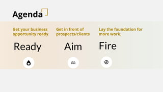 Agenda
Get your business
opportunity ready
Ready
Get in front of
prospects/clients
Lay the foundation for
more work.
Aim Fire
 