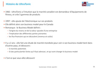 • 1982 : UltraTonic a l'intuition que le marché canadien est demandeur d'équipements de
fitness, et crée 5 gammes de produits
• 1997 : elle ajoute de l'électronique sur ces produits
Histoire de UltraTonic
• Elle définit alors son business model pour le Canada
• Remarque : le Business Model définit :
– l'origine du revenu et de la valeur ajoutée d'une entreprise
– l'implication des différentes parties prenantes
– les flux financiers qui en découlent (revenus et coûts)
• Il y a 2 ans : elle fait une étude de marché mondiale pour voir si son business model tient dans
d'autres pays, et découvre :
11
d'autres pays, et découvre :
– 6 marchés potentiels
– Et des particularités fortes qu'il faut adresser, et qui vont changer le business model
• C'est ce que vous allez découvrir
Tout droit réservé - CIPE 2016 - www.CIPE.fr
 
