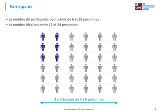 • Le nombre de participants peut varier de 6 et 36 personnes :
• Le nombre idéal est entre 12 et 24 personnes
Participants
5
3 à 6 équipes de 4 à 6 personnes
Tout droit réservé - CIPE 2016 - www.CIPE.fr
 