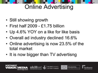 Online Advertising Still showing growth First half 2009 - £1.75 billion Up 4.6% YOY on a like for like basis Overall ad industry declined 16.6% Online advertising is now 23.5% of the total market It is now bigger than TV advertisng 