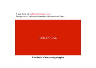A sole focus on traditional strategy works:
Todays market and competitors determine our future focus…	





                          RED OCEAN	





                  The Battle of decreasing margins	

 