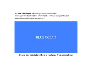 By also focusing on the strategic innovation works:
New opportunities based on future needs – outside todays red ocean –
centered around the core competence.	





                         BLUE OCEAN	





    Create new markets without a challenge from competitors	

 
