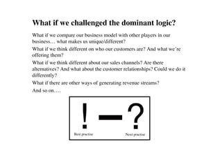 What if we challenged the dominant logic?	

What if we compare our business model with other players in our
business… what makes us unique/different?	

What if we think different on who our customers are? And what we´re
offering them?	

What if we think different about our sales channels? Are there
alternatives? And what about the customer relationships? Could we do it
differently? 	

What if there are other ways of generating revenue streams?	

And so on….	





                   Best practise	

        Next practise	

 