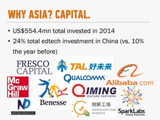 WHY ASIA? CAPITAL.
•  US$554.4mn total invested in 2014
•  24% total edtech investment in China (vs. 10%
the year before)
 