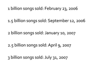 1	
  billion	
  songs	
  sold:	
  February	
  23,	
  2006	
  

1.5	
  billion	
  songs	
  sold:	
  September	
  12,	
  2006	
  

2	
  billion	
  songs	
  sold:	
  January	
  10,	
  2007	
  

2.5	
  billion	
  songs	
  sold:	
  April	
  9,	
  2007	
  

3	
  billion	
  songs	
  sold:	
  July	
  31,	
  2007	
  
 