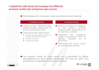 L’objectif de cette étude est d’analyser les différents
business models des entreprises open source

              Schématiquement, un business model est constitué de deux éléments :


                       Le modèle de revenus                         La structure de coûts

              Création de valeur : définition de l’offre    Définition en fonction des catégories
              générant la valeur d’utilité perçue par       de coûts (matières premières,
              le client (VUPC) la plus élevée               marketing, R&D, administratif) et de
                                                            leur type (fixe ou variable)
              Capture de la valeur créée à travers :
                 La vente de droits (vente de brevets, de   Identification   des      compétences
                 licences, voire de fichiers clients)       propres à l’entreprise lui offrant un
                 La vente de produits                       avantage       comparatif    sur    la
                 La vente de services                       concurrence
                                                            Détermination des moyens d’accès
                                                            aux sources de financements




              Les business models de l’open source ont la particularité de différer
              essentiellement par leurs modèles de revenus. Par souci de clarté, nous
              présenterons une typologie centrée sur ces modèles

                                                                                                     11
 