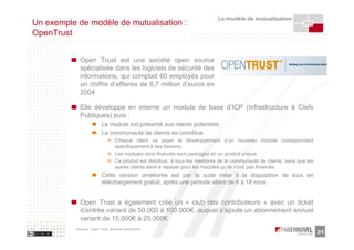 Le modèle de mutualisation
Un exemple de modèle de mutualisation :
OpenTrust


             Open Trust est une société open source
             spécialisée dans les logiciels de sécurité des
             informations, qui comptait 60 employés pour
             un chiffre d’affaires de 6,7 million d’euros en
             2004

             Elle développe en interne un module de base d’ICP (Infrastructure à Clefs
             Publiques) puis :
                           Le module est présenté aux clients potentiels
                           La communauté de clients se constitue
                                   Chaque client va payer le développement d’un nouveau module correspondant
                                   spécifiquement à ses besoins
                                   Les modules ainsi financés sont packagés en un produit unique
                                   Ce produit est distribué à tous les membres de la communauté de clients, sans que les
                                   autres clients aient à repayer pour les modules qu’ils n’ont pas financés
                           Cette version améliorée est par la suite mise à la disposition de tous en
                           téléchargement gratuit, après une période allant de 6 à 18 mois


             Open Trust a également créé un « club des contributeurs » avec un ticket
             d’entrée variant de 50.000 à 100.000€, auquel s’ajoute un abonnement annuel
             variant de 15.000€ à 25.000€
           Sources : Open Trust, analyses faberNovel
                                                                                                                           31
 