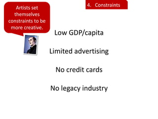Artists set                  4. Constraints
  themselves
constraints to be
 more creative.
                     Low GDP/ca...