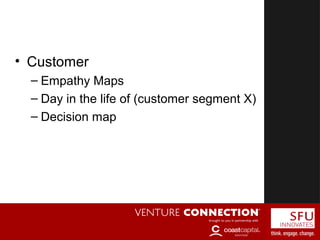 Solutions
• Customer
– Empathy Maps
– Day in the life of (customer segment X)
– Decision map
 