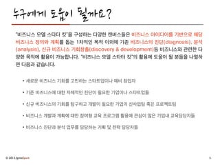  문서
- Business Model Starter Kit Guide -
2013. 05.
최환진/Startup Accelerator
IgniteSpark
version 1.2e
 